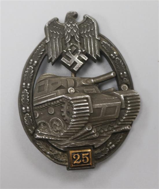 A Panza Assault badge, for 25 Ations Makers mark on the back